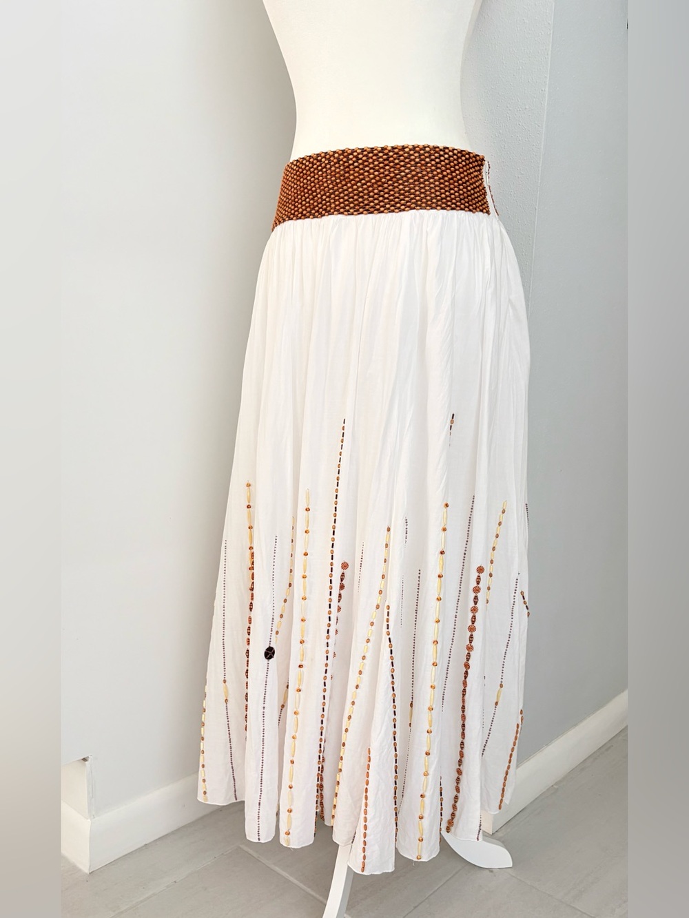 White Maxi Skirt with Brown Beaded Waistband and Accent Beading